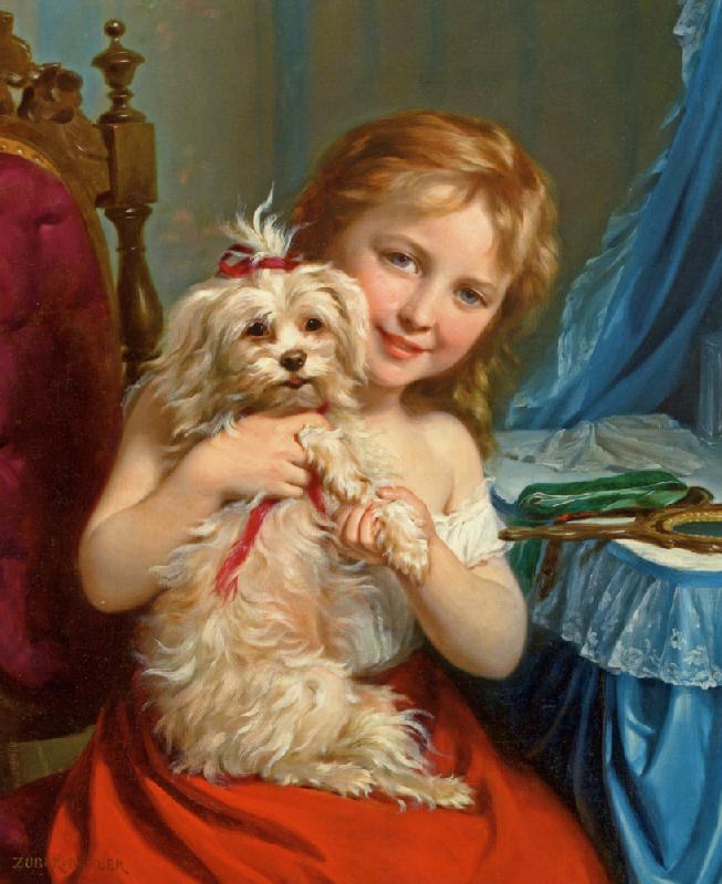 Fritz Zuber-Buhler Young Girl with Bichon Frise oil painting image